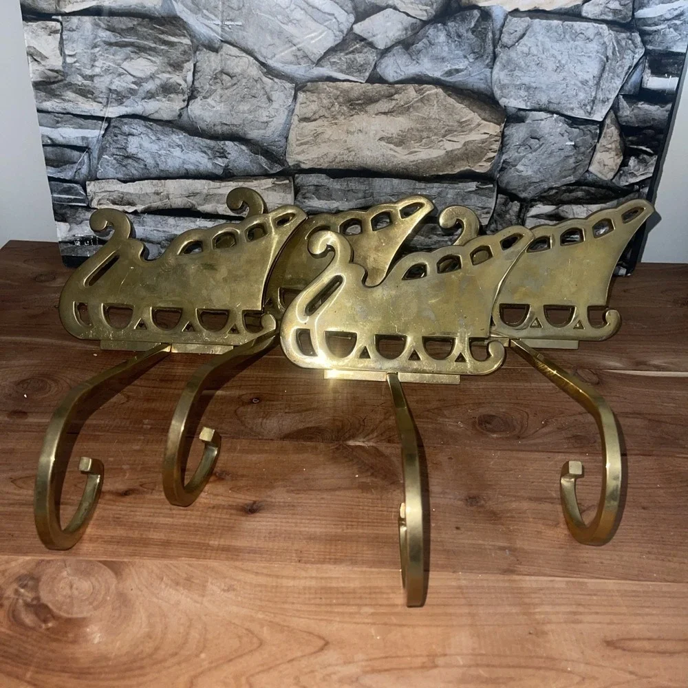 4 VTG Solid Brass Sleigh Stocking Holder Hanger Hook Long Arm Christmas Mantel